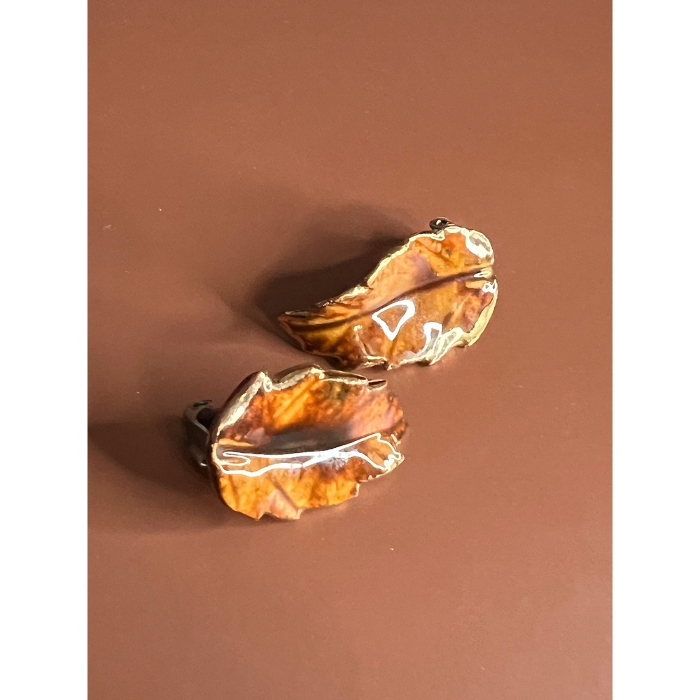 Vintage Enamel Autumn Leaf Gold Tone Clip On Earrings Fall Jewelry